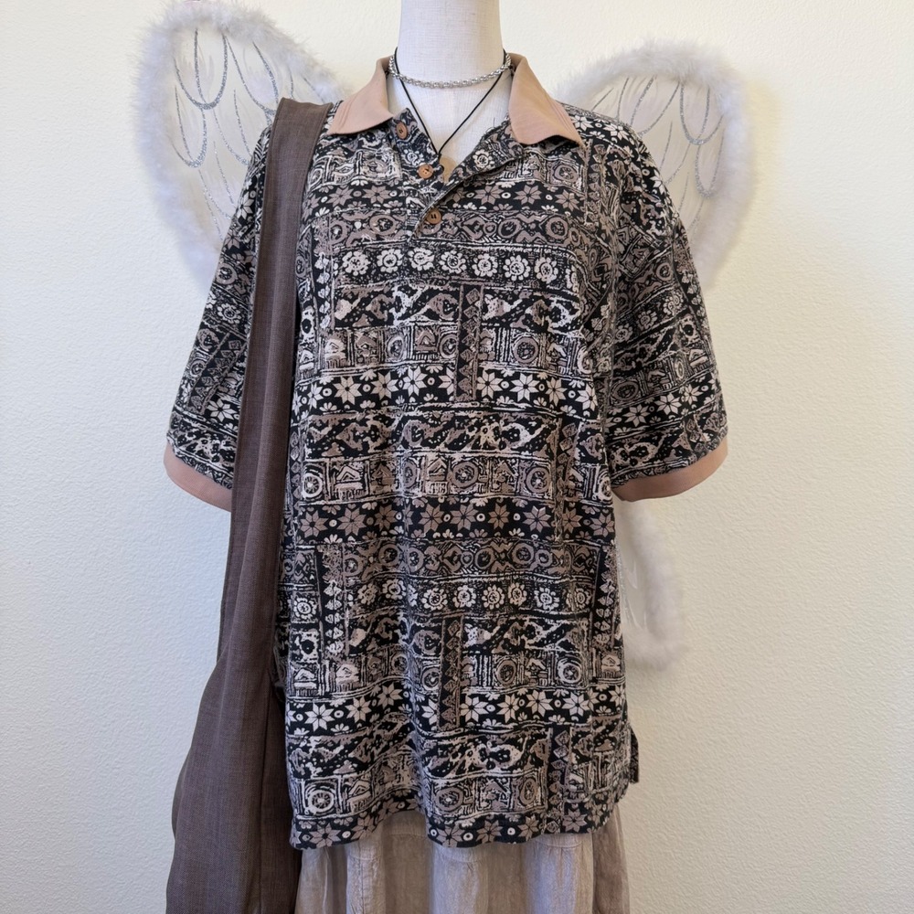 Indie Grunge Funky‎ Earthy Short Sleeve Button Up Dad Brown Tan Retro Polo Boho